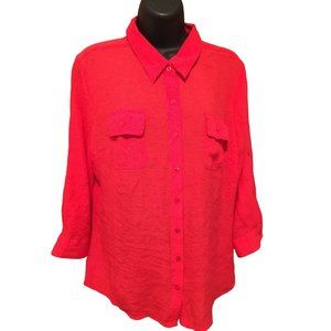Mystique Aura Blouse Womens Petite XL PXL Coral Pink Top Long Sleeve Semi Sheer